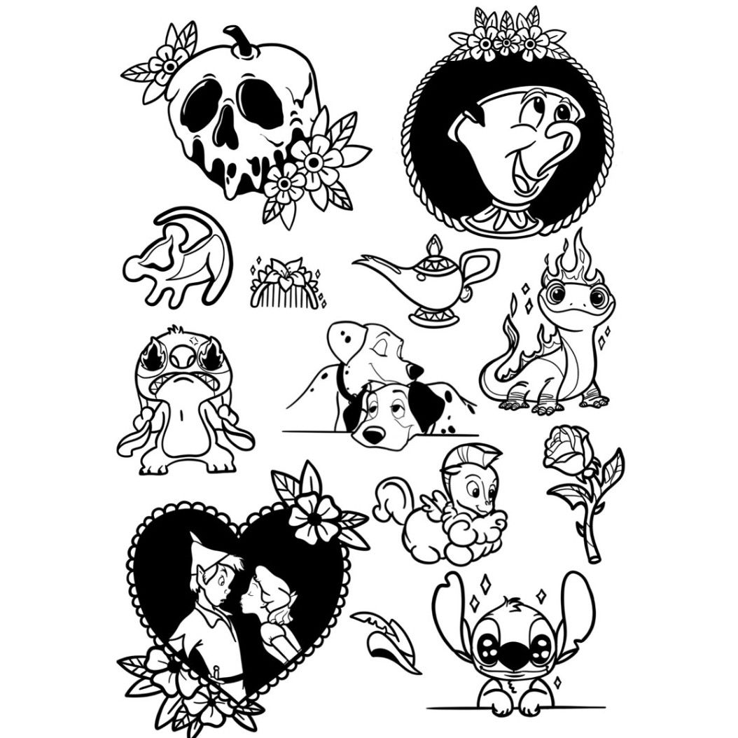 Cartoon tattoo flash sheet  Cartoon tattoos Cartoon character tattoos  Disney tattoos