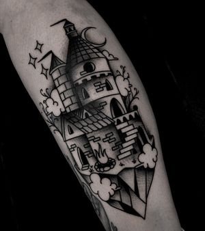 Dark castle fantasy tattoo by satanischepferde #fantasy #castle #dark #traditional #traditionaltattoo #blackwork #legtattoo #erfurt #bold #architecture