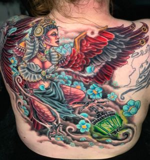 One of my personal favorites. She pretty much let me run with what ever I wanted as long as her old tattoo was covered. I always want to do a harpy, so that's what I came up with. 