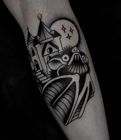 Bat with castle traditional tattoo by satanischepferde #bat #castle #scary #halloween #dark #traditionaltattoo #blackwork #darkart 