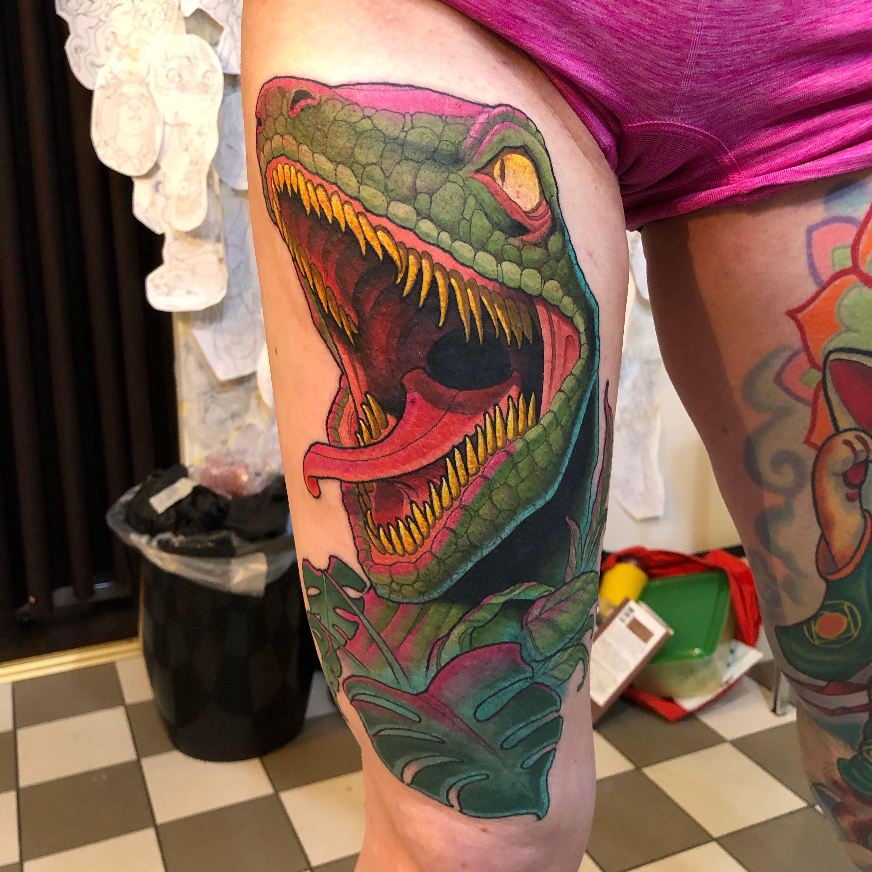 NeoTraditional Velociraptor in a Top Hat Color Tattoo by Steve Malley  TattooNOW