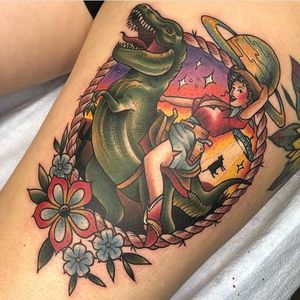 Cowgirl riding a T-Rex by Samantha Frederick