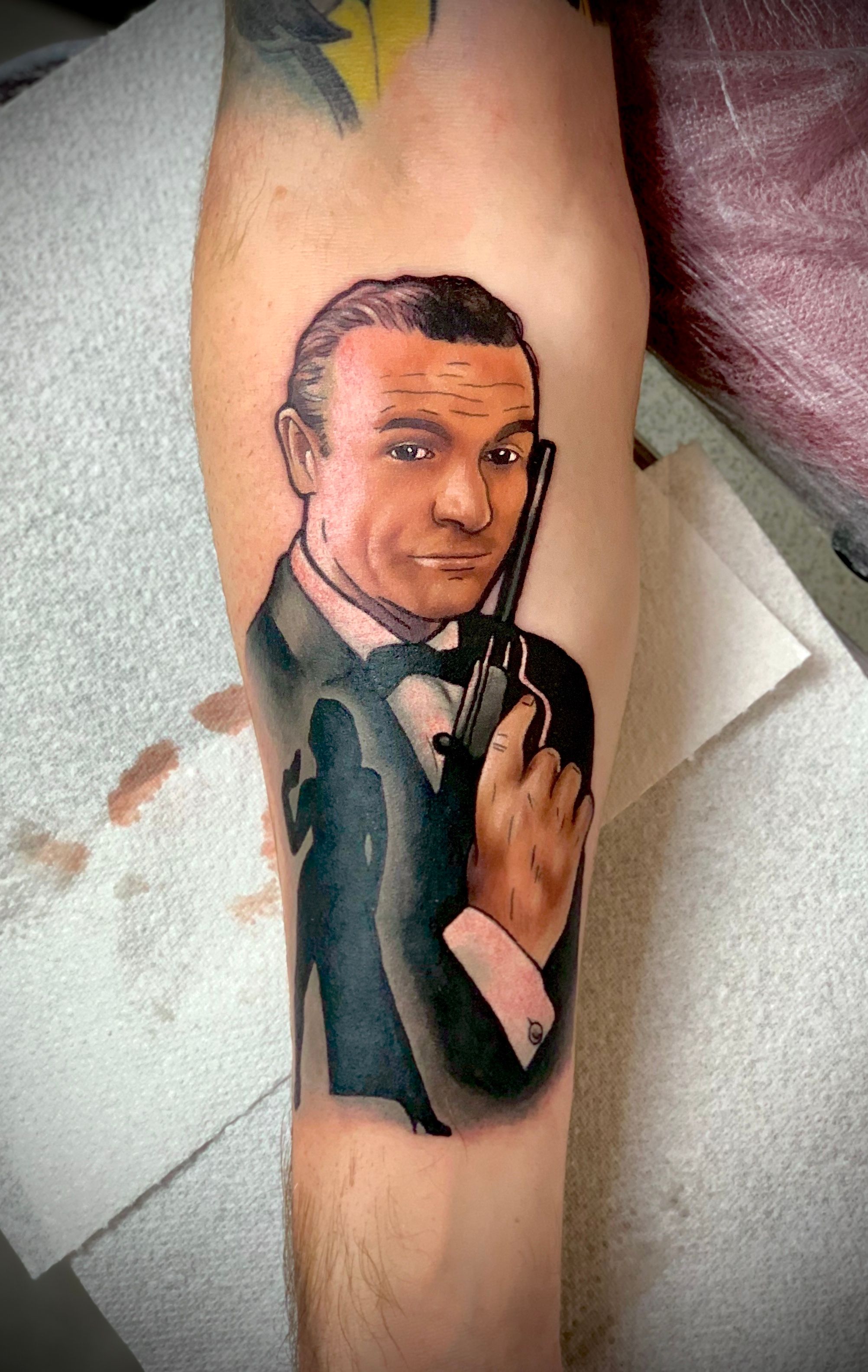 Dotwork style Sean Connery as James Bond tattoo on the