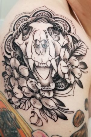 Wolf skull with mandala and flowers