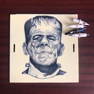 Frankenstein portrait on synthetic slab! Would love to do this on real skin! -🖤 #realism #blackwork #portrait #bishoprotary #darkart #blackwork #tattooartist #jacksonvillefl #javksonvilletattoos #fakeskin