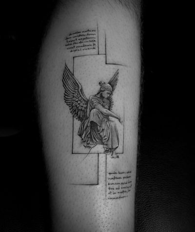 Angel tattoo by Peter Saba #petersaba #angel #blackandgrey #realism #wings #feathers #writing #lettering #linework #geometric