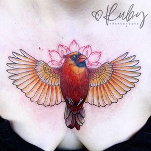 Color Red Robin Chest Piece #bird #robin #chestpiece #color #etching #illustrative #linework #fineline #delicate #flower #floral #animal #nature #botanical #surrealism #trashpolka #realistic #blackwork #blackandgray #girlytattoo #idea #design #drawing #sketch #engraving #etching http://www.therubygore.com