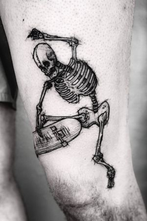 // Skateboarding skeleton performing a boneless. 