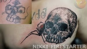 Coverup of a coverup!nikkifirestarter.com...#tattoos #bodyart #bodymod #modification #ink #art #queerartist #queertattooist #mnartist #mntattoo #visualart #tattooart #tattoodesign #thetattooedlady #tattooedladymn #nikkifirestarter #firestartertattoos #firestarter #minnesotatattoo #skull #skulltattoo #coverup #coveruptattoo #blackandgray #grayscale #graywash #realism #semirealism #blackwidow #spider