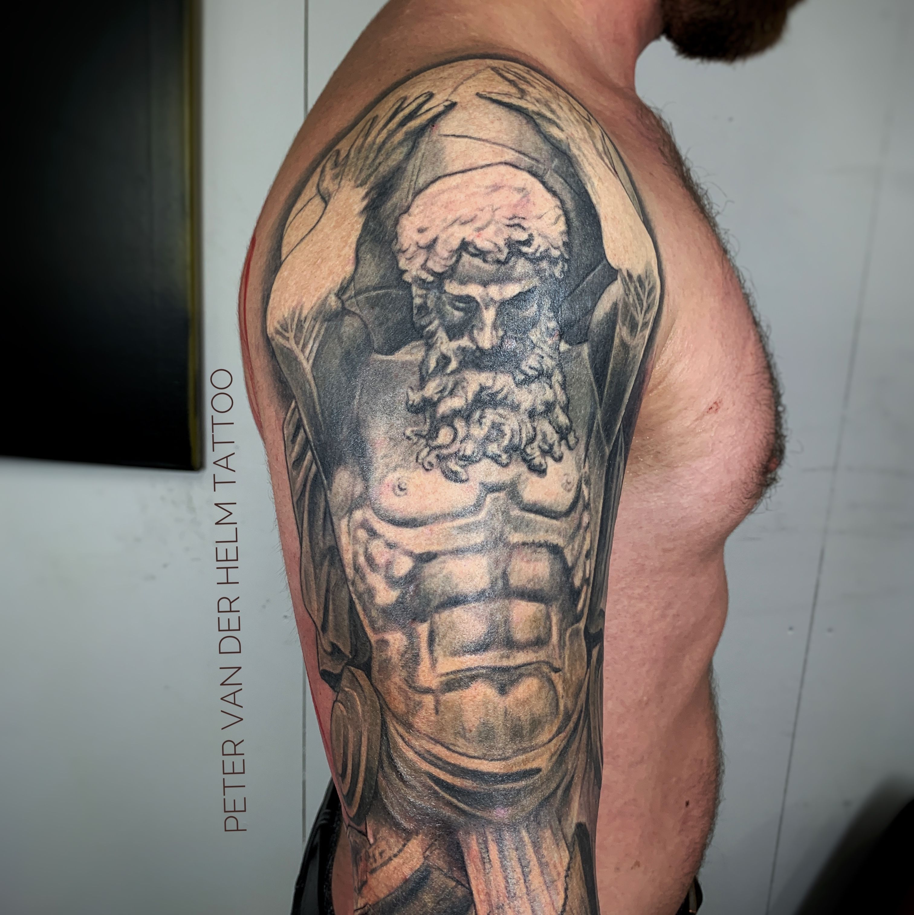 Atlas full sleeve tattoo for men part 2 by Steve Toth  Greek tattoos Atlas  tattoo Greek mythology tattoos