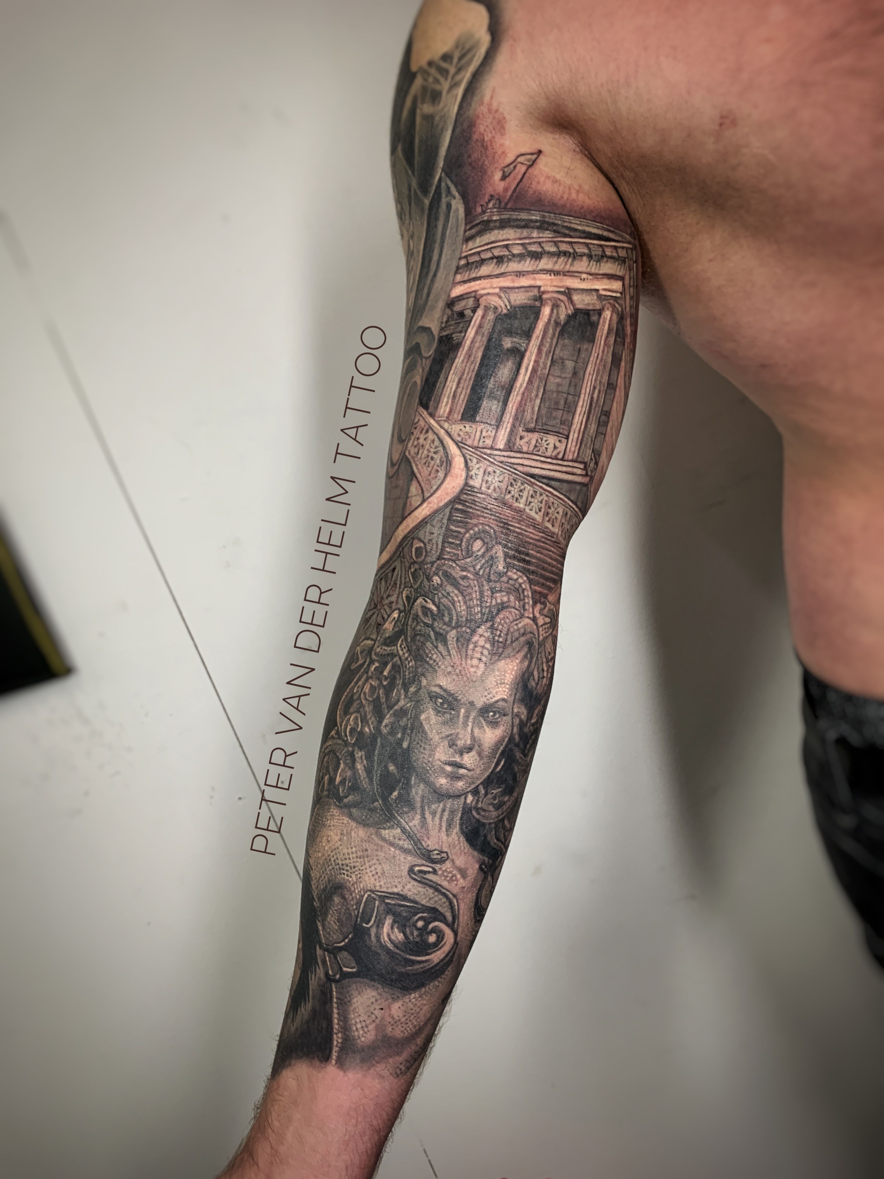Tattoo uploaded by Peter van der Helm • Full sleeve with Medusa and Greek library. • Tattoodo