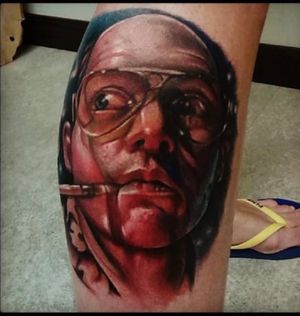 Portrait tattoo on a leg by Samantha storey 