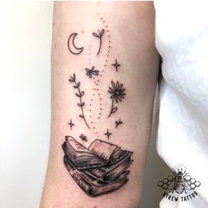 Books Moon Flowers & Stars Illustrative Tattoo by Kirstie @ KTREW Tattoo - Birmingham, UK #bookstattoo #tattoo #illustrative #moon #flowers #birminghamuk