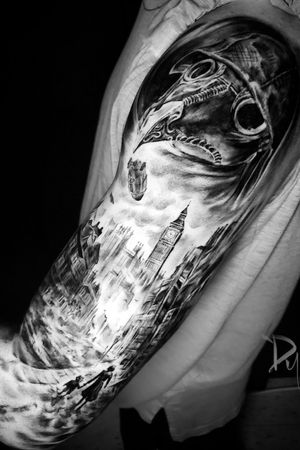 realistic city and plague doctor tattoo #Realism