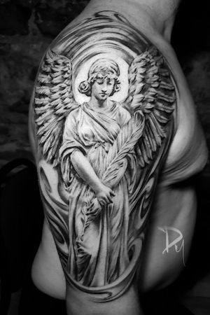 Angel statue with 3d effect tattoo by tattoo artist Dylan C in Montreal. 