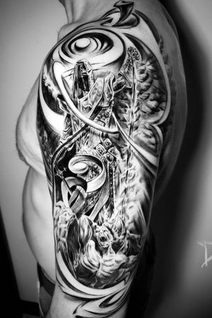 Angel warrior vs demon tattoo by Montreal tattoo artist Dylan C#Realism