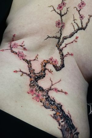 Montreal fine line style cherry blossom tattoo by Dylan C