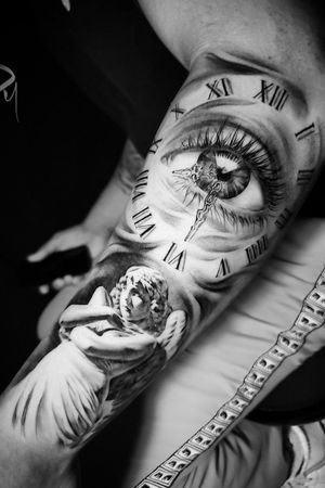 Tattoo uploaded by Dylan C • Black and grey angel and clock eye tattoo by  Montreal realistic asian tattoo artist Dylan C • Tattoodo