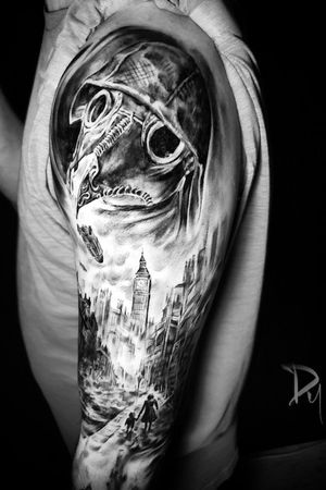 realism city and plague doctor tattoo