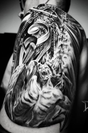 Black and grey Angel warrior vs diablo tattoo#Realism