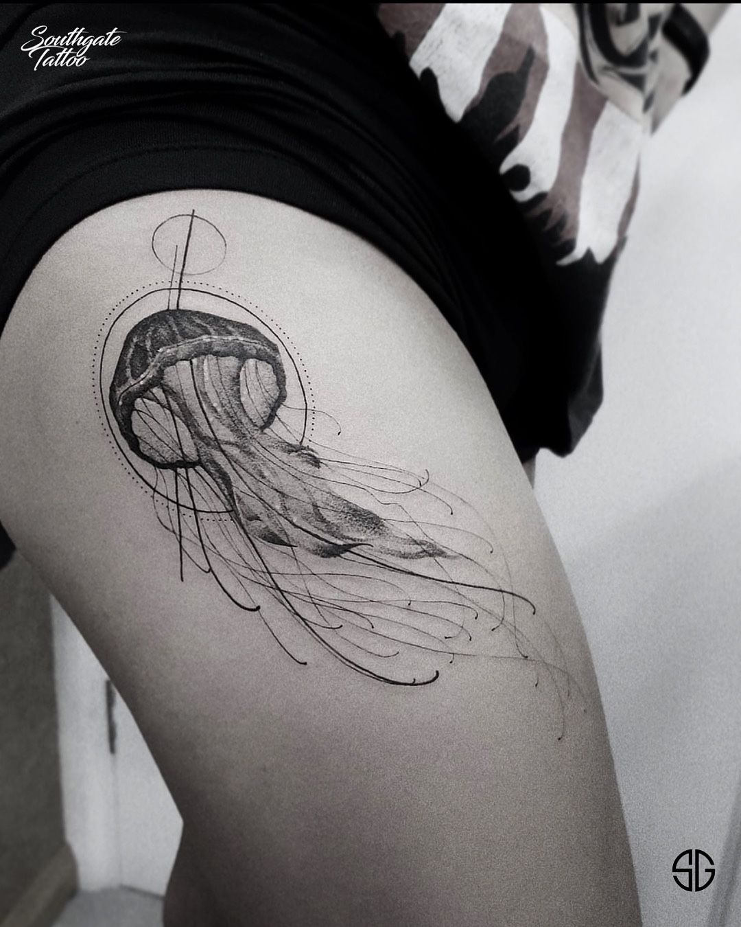 Dotwork Jellyfish Thigh Tattoo