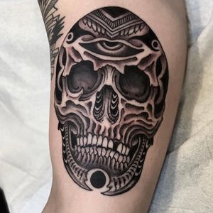 Skull tattoo by Graham Niles at Lifetime Tattoo in Denver, CO. #skull #black #line #linework #geometric #thirdeye #abstract #denver #colorado