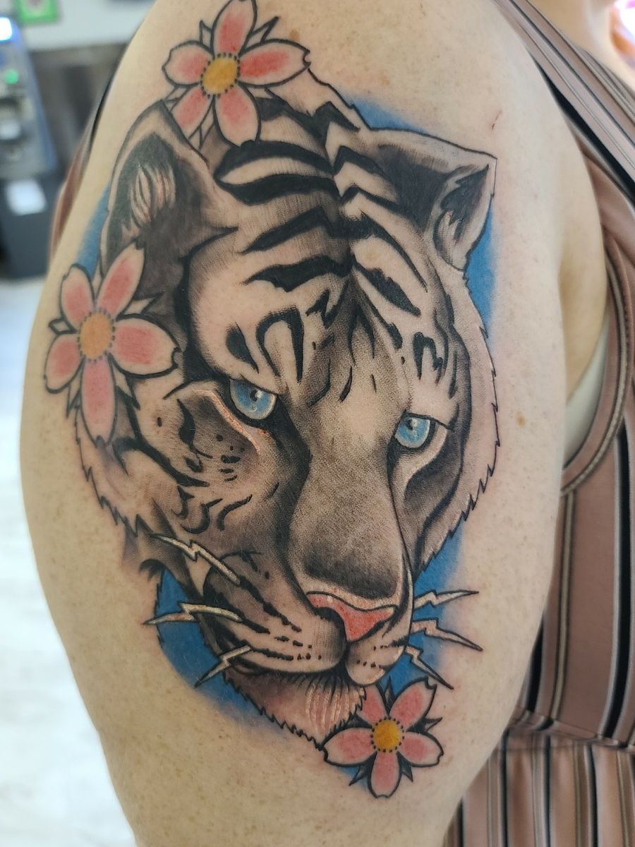 Tattoo Uploaded By Jeremy Keith White Tiger And Cherry Blossoms 