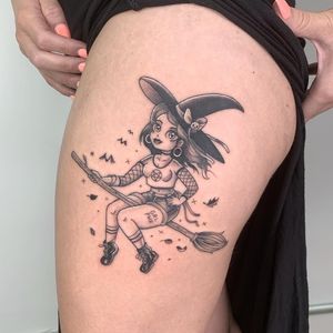 Get bewitched with a new school tattoo featuring a witch, girl, bats, and more. By tattoo artist Galen Bryce aka Drip Skull.