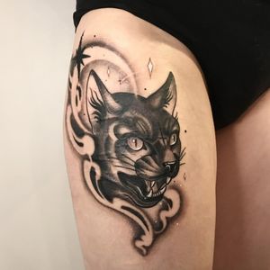 Cat tattoo by Alena Dick #AlenaDick #cat #neotraditional #smoke #star #blackwork #animal #nature