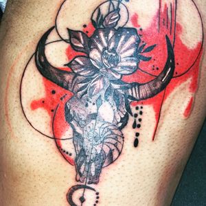 GKunny Tattoo Black and Gray Tattoo Bull skull Color work