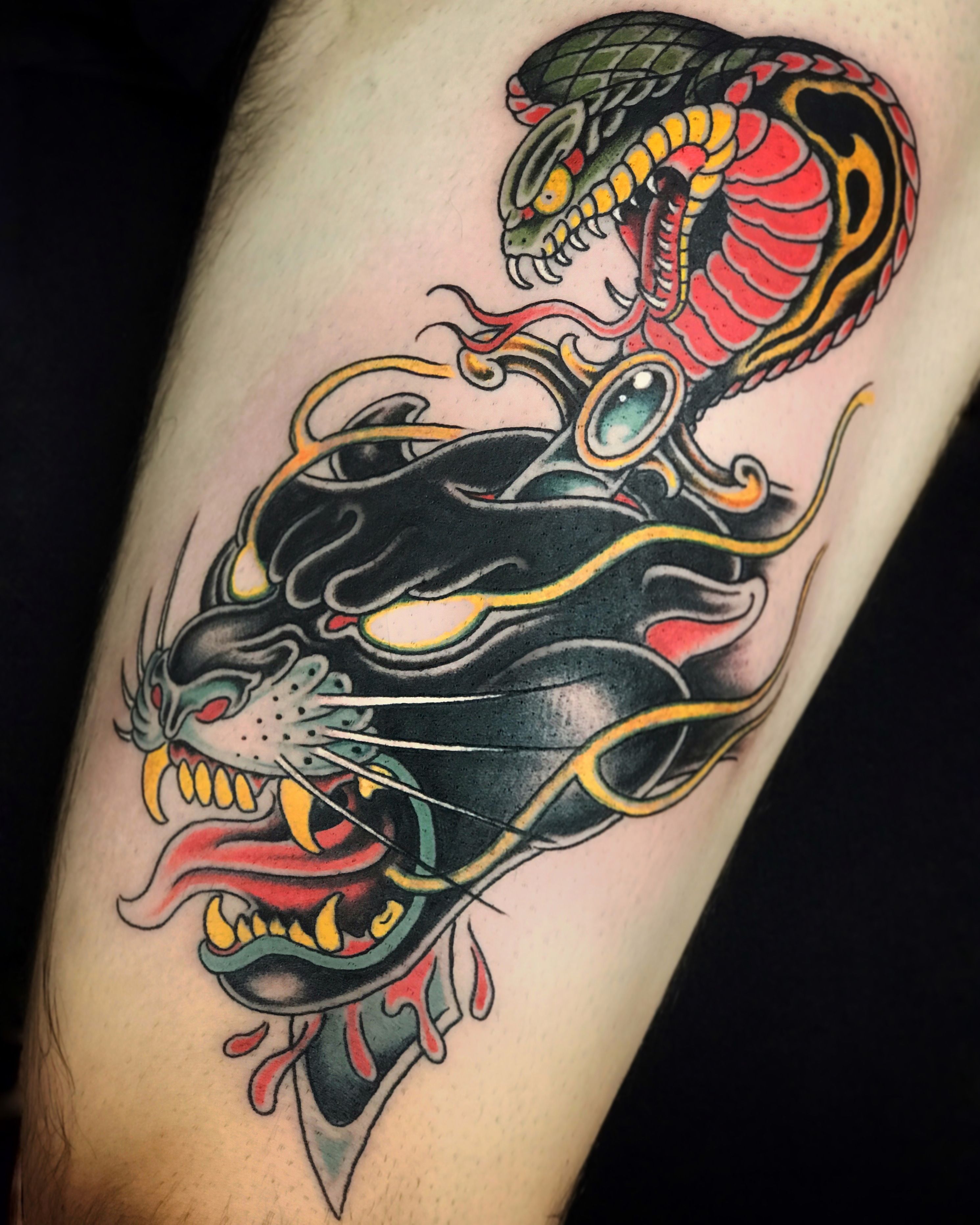 MARCOS ORTEGA on Tumblr: Healed panther, Fresh eagle-Snake! On the great  @johnniepl thank you man! In #berlin @tempestkeeptattoo #traditional #tattoo ...