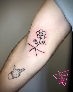 Hand Poked Smiling & Dancing Flower by Pokeyhontas @ KTREW Tattoo - Birmingham, UK #handpokedtattoo #flower #illustrative #tattoos #birmingham 
