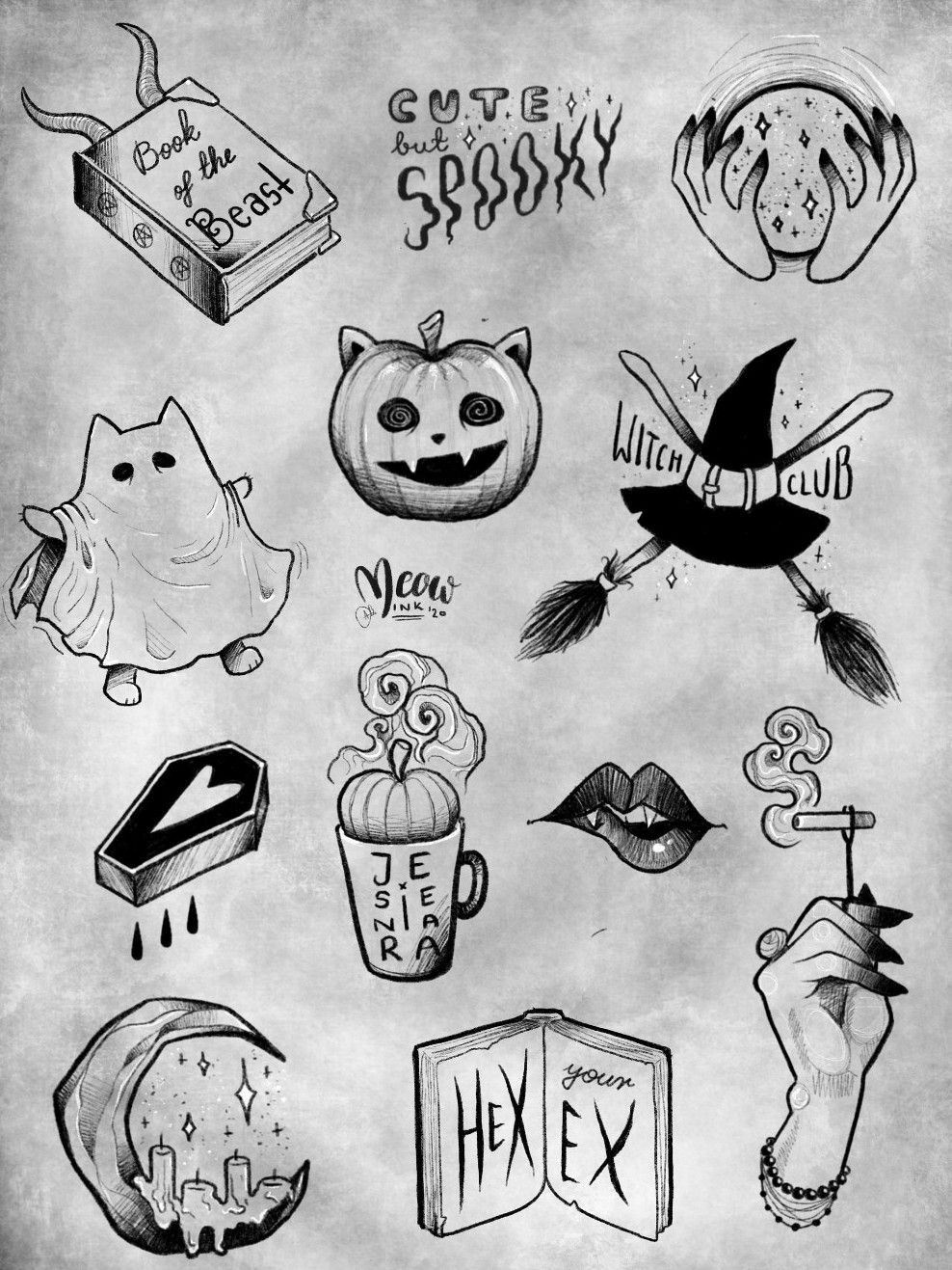 My previous flash sheets and my NEW Halloween flash sheet!! Small ones  under 2x2 will be $20 starting n… | Spooky tattoos, Halloween tattoo flash, Halloween  tattoos