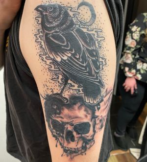 Traditional raven with realism skull