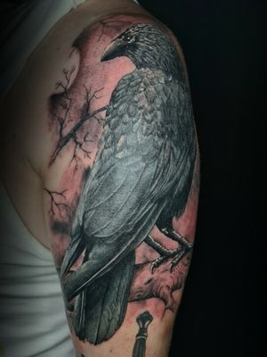 Crow done the other day, will take a photo healed as well ! #crow #crowtattoo #blackandgrey #black #grey #ink #shoulder #shouldertattoo 