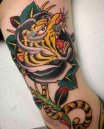 Tiger rose tattoo by Dani Soriano #DaniSoriano #tiger #rose #mashup #traditional #color 