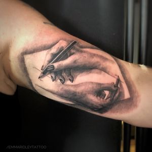 Based on Escher’s hands artwork in a realistic style with female hands. #artwork