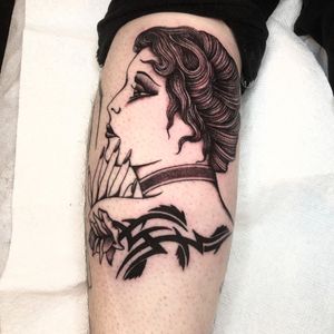 Tattoo by Tanner Ramsey #TannerRamsey #traditional #illustrative #mashup #tribal #rose #lady #ladyhead #portrait