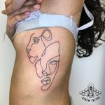 Single Line Lioness Lady Tattoo by Kirstie @ KTREW Tattoo #singlelinetattoo #tattoos #ribs #birmingham #lineworktattoo