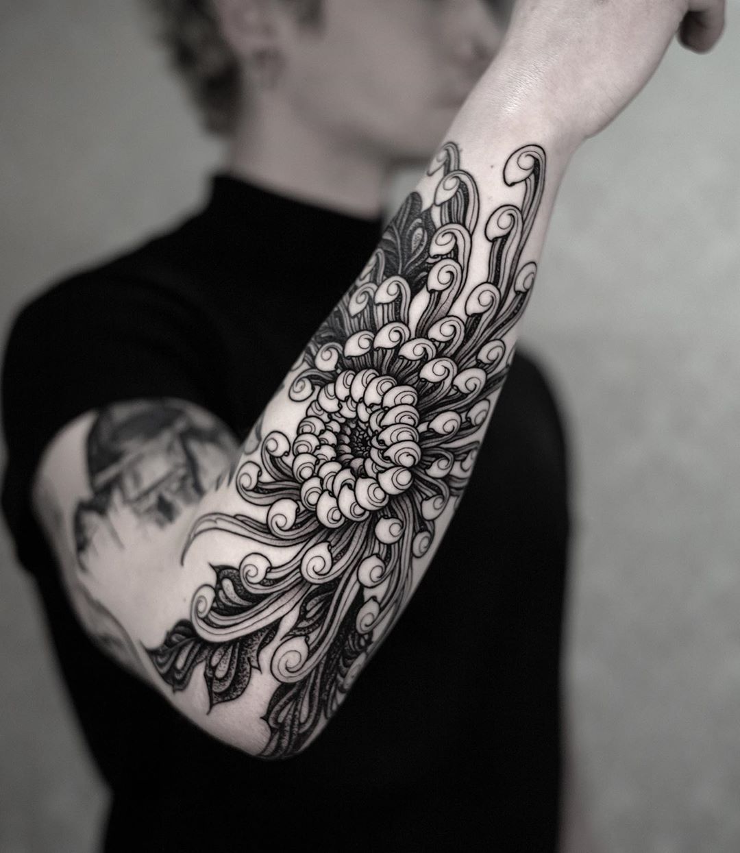 Tattoo tagged with: big, blackwork, chrysanthemum, facebook, flower,  illustrative, katesv, nature, shoulder, twitter | inked-app.com
