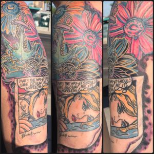 Pop art inspired tattoo featuring Andy Warhol sunflowers and Roy Lichtenstein comics. 
