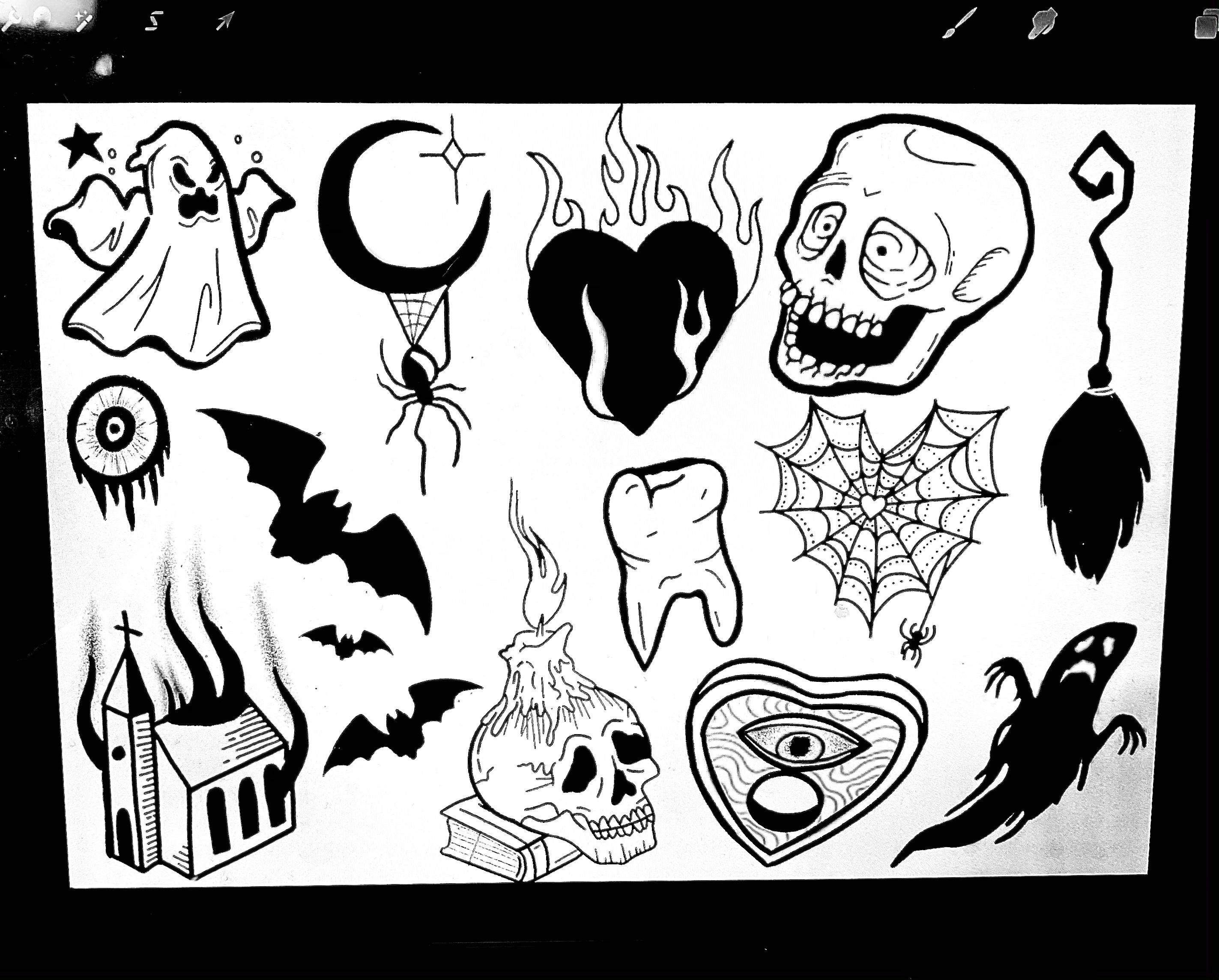 My previous flash sheets and my NEW Halloween flash sheet   Spooky  tattoos Halloween tattoo flash Tattoo flash art