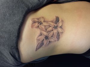 Fine Line Black and Grey Plumeria Flower Tattoo by Nathan Emery, San Francisco