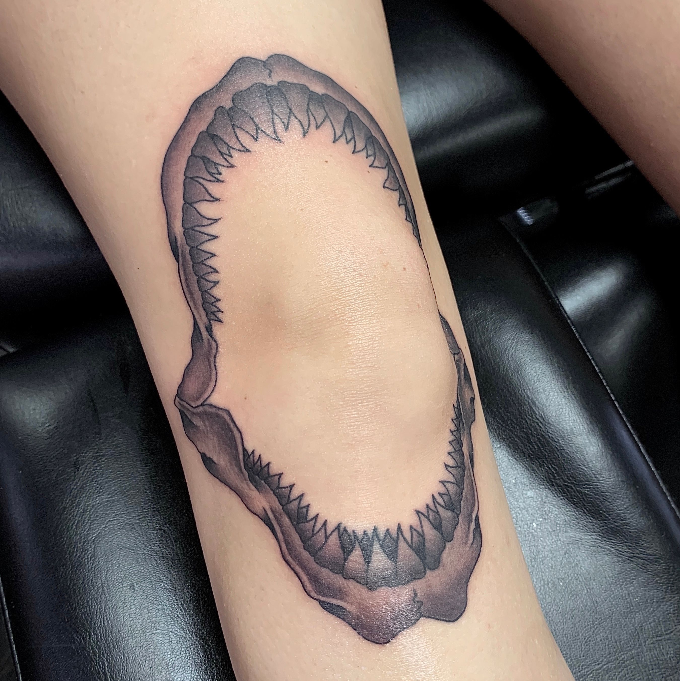 Shark jaw knee hugger done by Zach music commentary by BJ  By 1st Order  Tattoo Co   Facebook