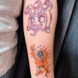 Cuphead and Bioshock game theme tattoos. Anaglyph Tattoo - 3D Effect - Game character Cala Maria from Cuphead. Bioshock Plasmid Incinerate! #3d #effect #anaglyph #red #blue #linework #games #character #popculture #trippy #fun #dope #gamelover #colortattoo #skeleton #skull #trend   