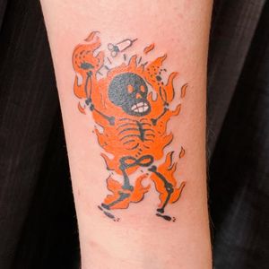 From the game Bioshock, Plasmid Incinerate! @ink.tonight #game #gamelover #character #skeleton #skull #vintage #style #colortattoo #fun #dope #playful 