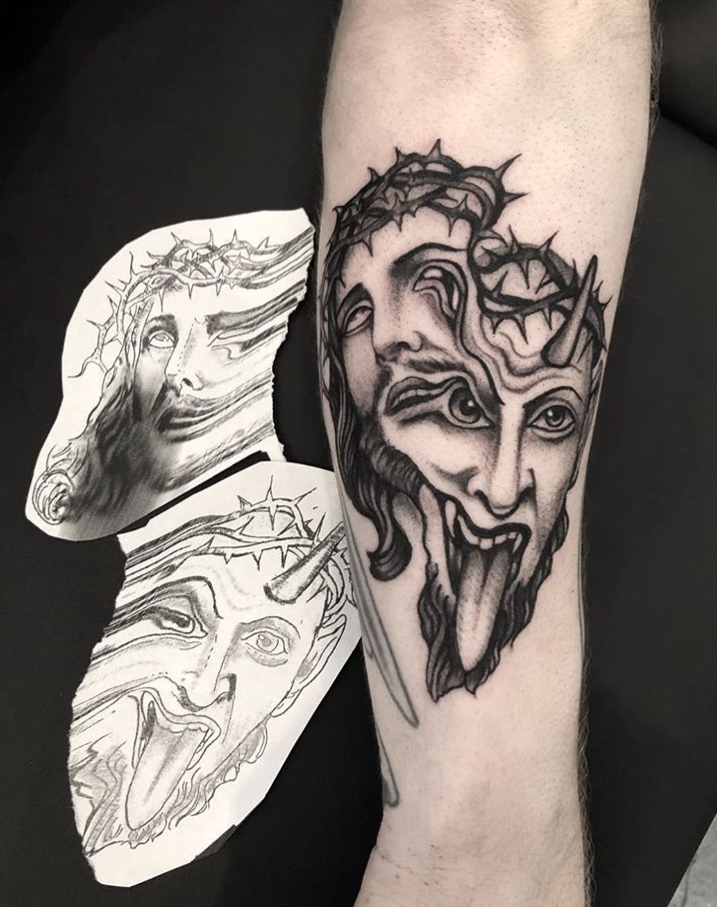 Surrealist double exposure tattoo on the right side of