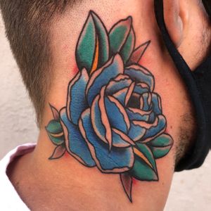 A bold traditional blue rose. Camron drove 8 hours to get his neck tattoo tattooed. Thank you for the dedication 🙏