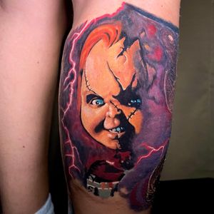 Chucky portrait added to a color realism horror leg sleeve
