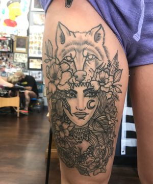 A fun tattoo based on Studio Ghiblis Princess Mononoke. I was lucky enough to see this client while doing a guest spot  at a tattoo shop in Ohio. The piece is 2 years healed in this photo. Done in one session 